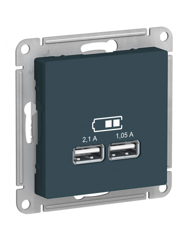 ATN000833 USB Розетка A+A Schneider Electric AtlasDesign, 5В/2,1 А, 2х5В/1,05 А, механизм, изумруд